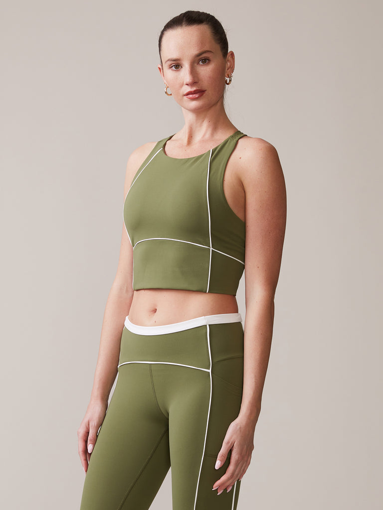 High Neck Piped Bra in Deep Olive