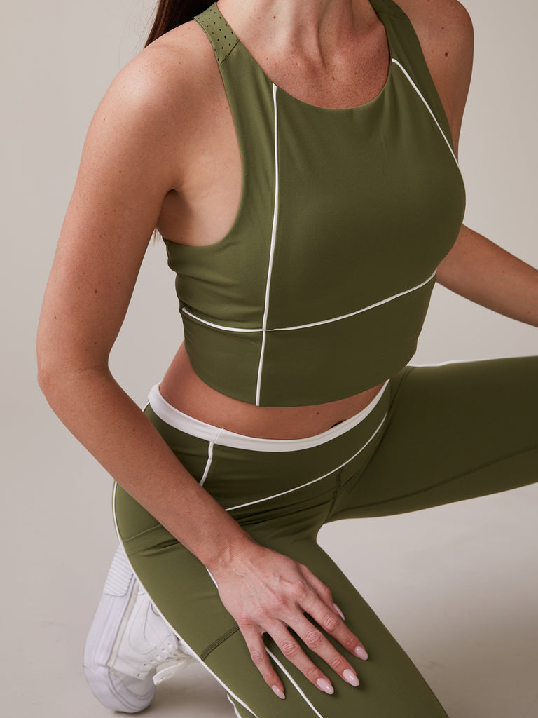 High Neck Piped Bra and Piped Pocket Legging in Deep Olive