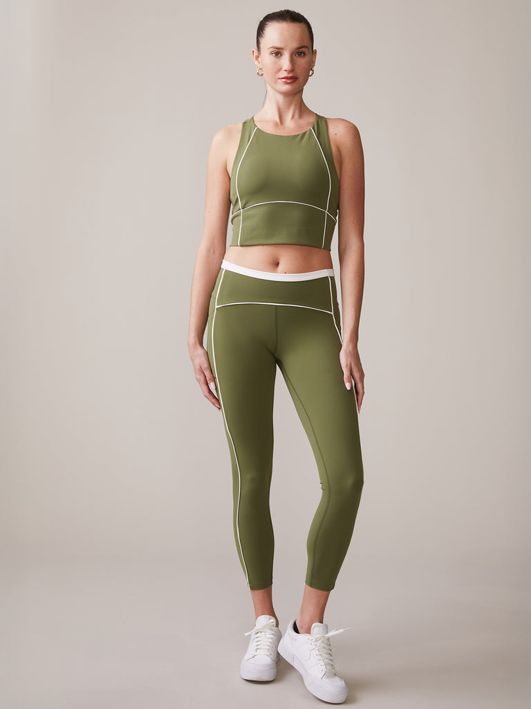 High Neck Piped Bra and Piped Pocket Legging in Deep Olive