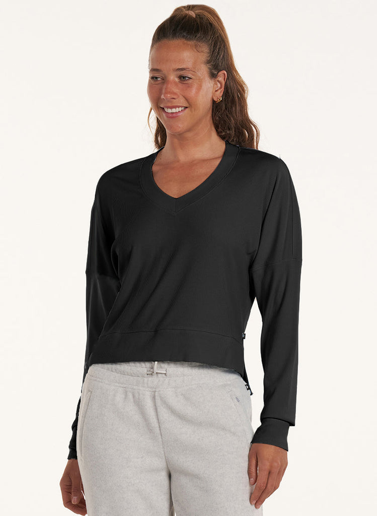 V-Neck Daily Side Slit Long Sleeve - Black