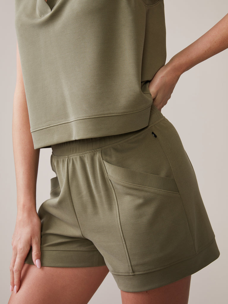 Luxe Twill Crop Hoodie and Luxe Twill Pocket Short in Deep Olive