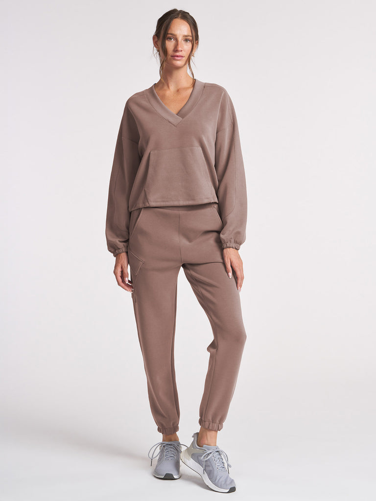 Ultraluxe V-Neck Pullover and Ultraluxe Cargo Jogger in Vintage Taupe