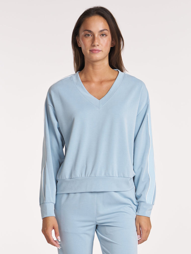 V-Neck Rib Mix Pullover - Cloud Blue
