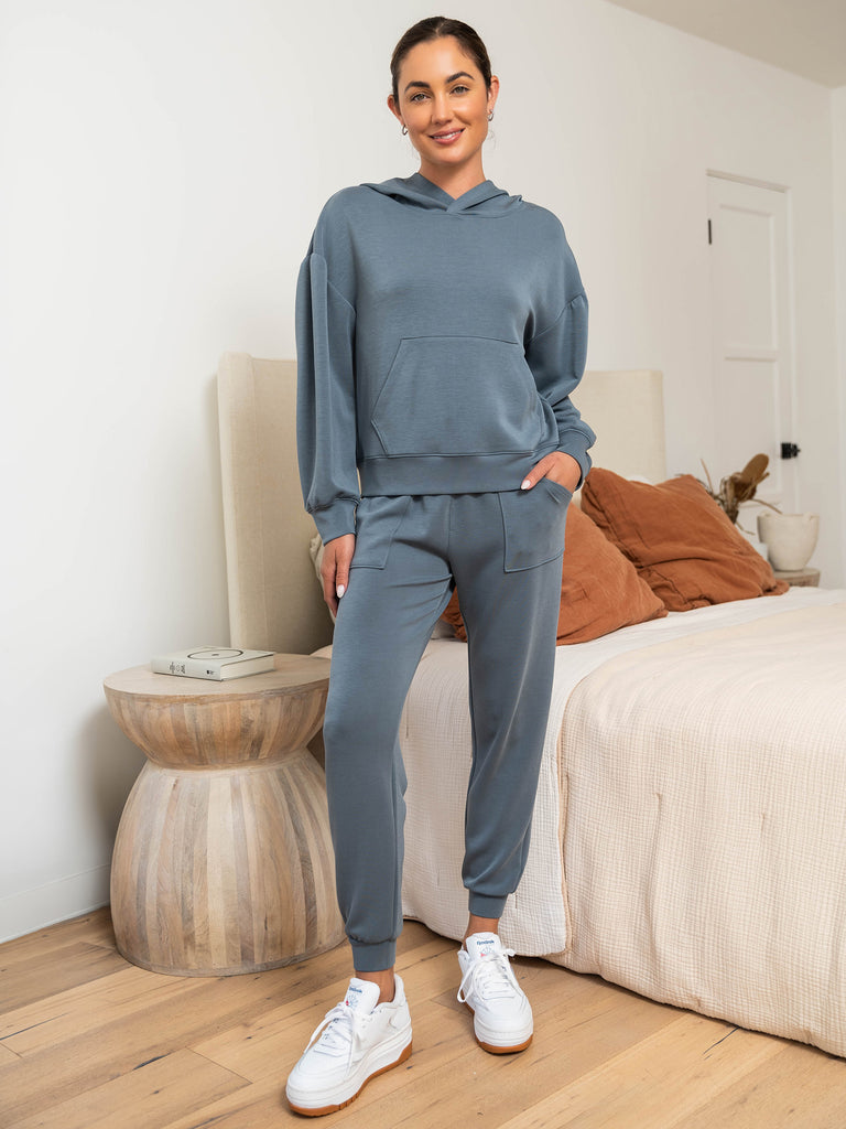 Luxe Shirred Sleeve Hoodie and Patch Pocket Lounge Jogger