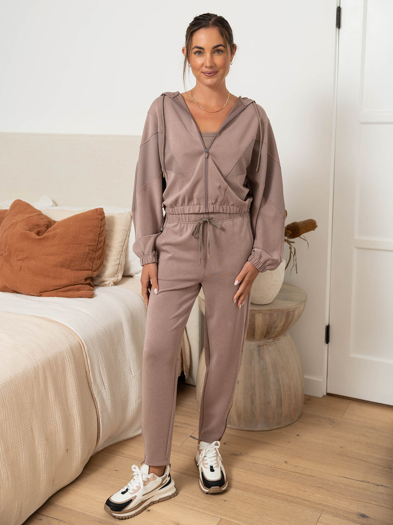 Ultraluxe Oversized Hoodie and Ultraluxe Barrel Leg Zip Pant in Vintage Taupe
