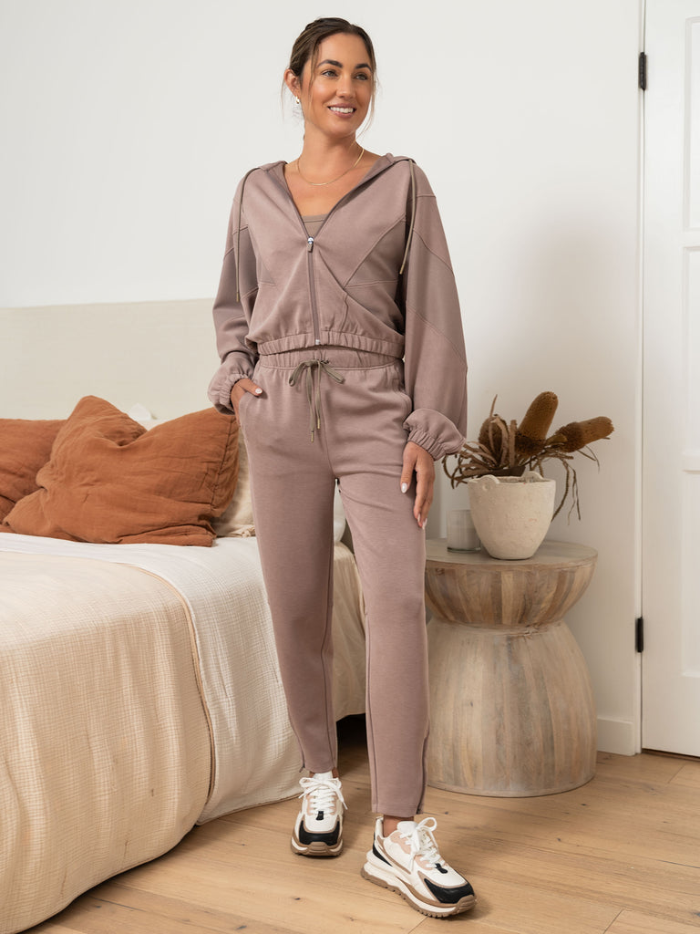 Ultraluxe Oversized Hoodie and Ultraluxe Barrel Leg Zip Pant in Vintage Taupe