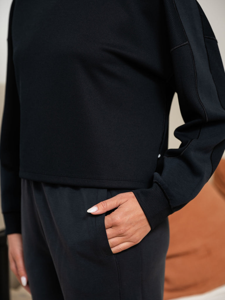 Ultraluxe Rib Mix Crew and Ultraluxe Barrel Leg Jogger in Black