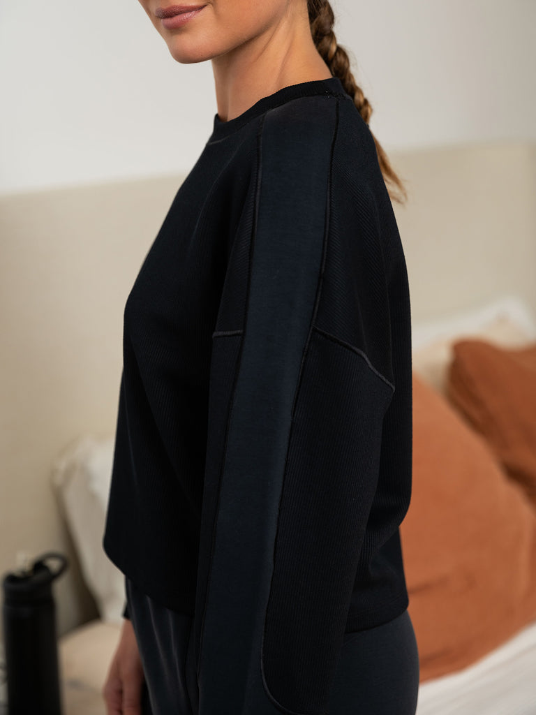 Ultraluxe Rib Mix Crew in Black