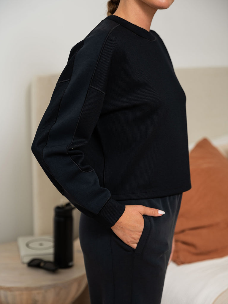 Ultraluxe Rib Mix Crew and Ultraluxe Barrel Leg Jogger in Black